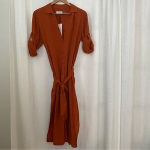NWT Calvin Klein Women's Burnt Orange Long Sleeve Shirt Dress Sz S